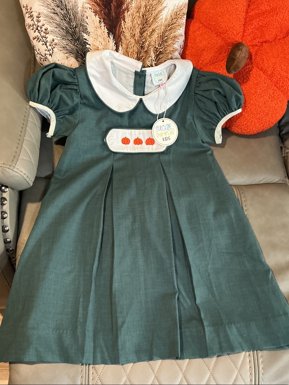 Sugar Dark Green Peter Pan Collar Dress with Pumpkin Embroidery